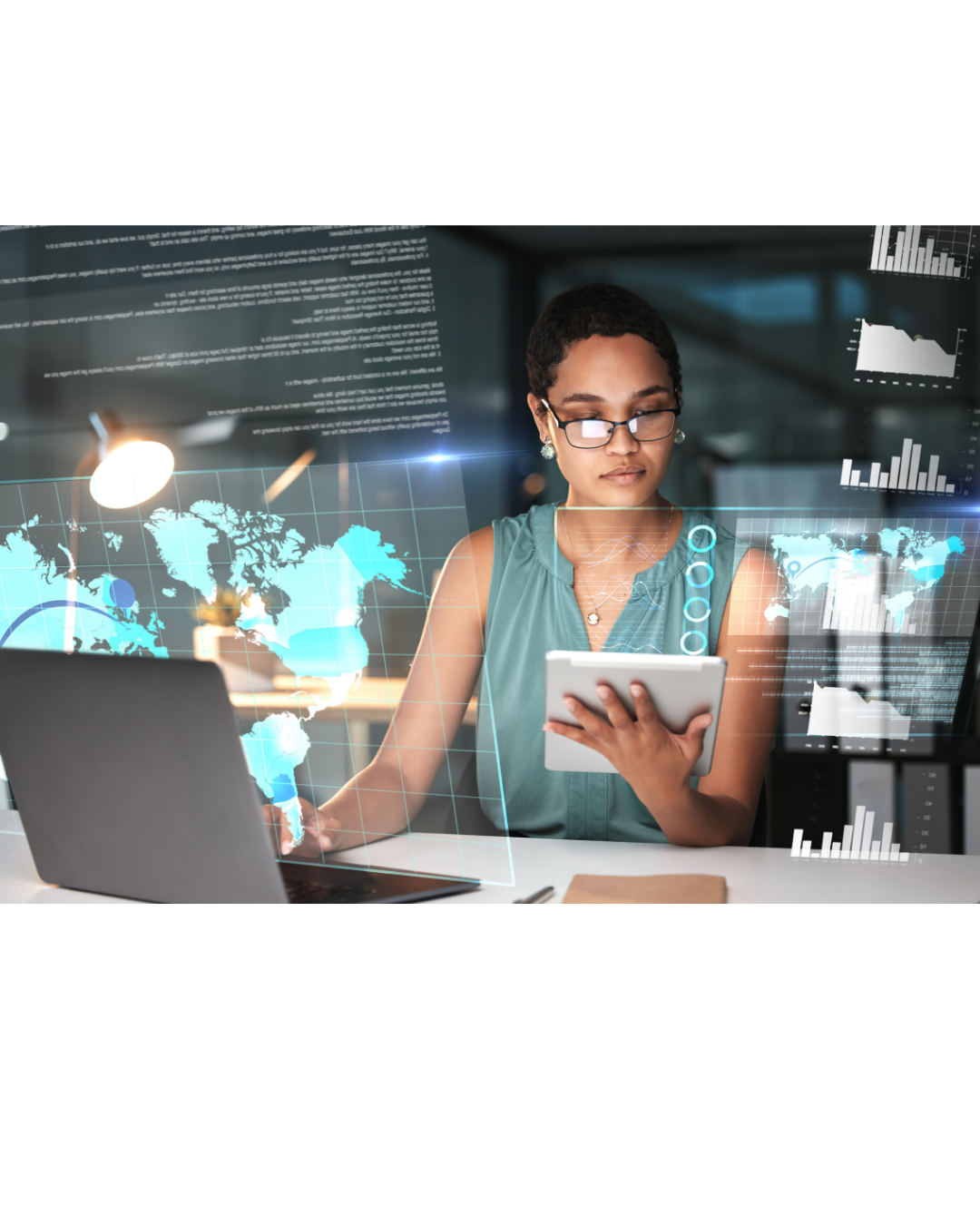 Black woman professional using AI tools for leadership and data strategy