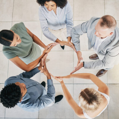 Top view, business people or circle hands in collaboration, diversity team building or financial gr.