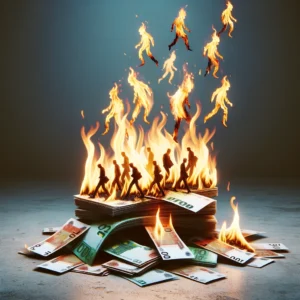 Image depicting the concept of a company's talent loss leading to financial loss, represented by money burning with flames shaped like silhouettes of people walking away. 